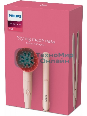 Набор для укладки волос Фен Philips BHP398/00 розовый, 1600 Вт, компактный + выпрямитель