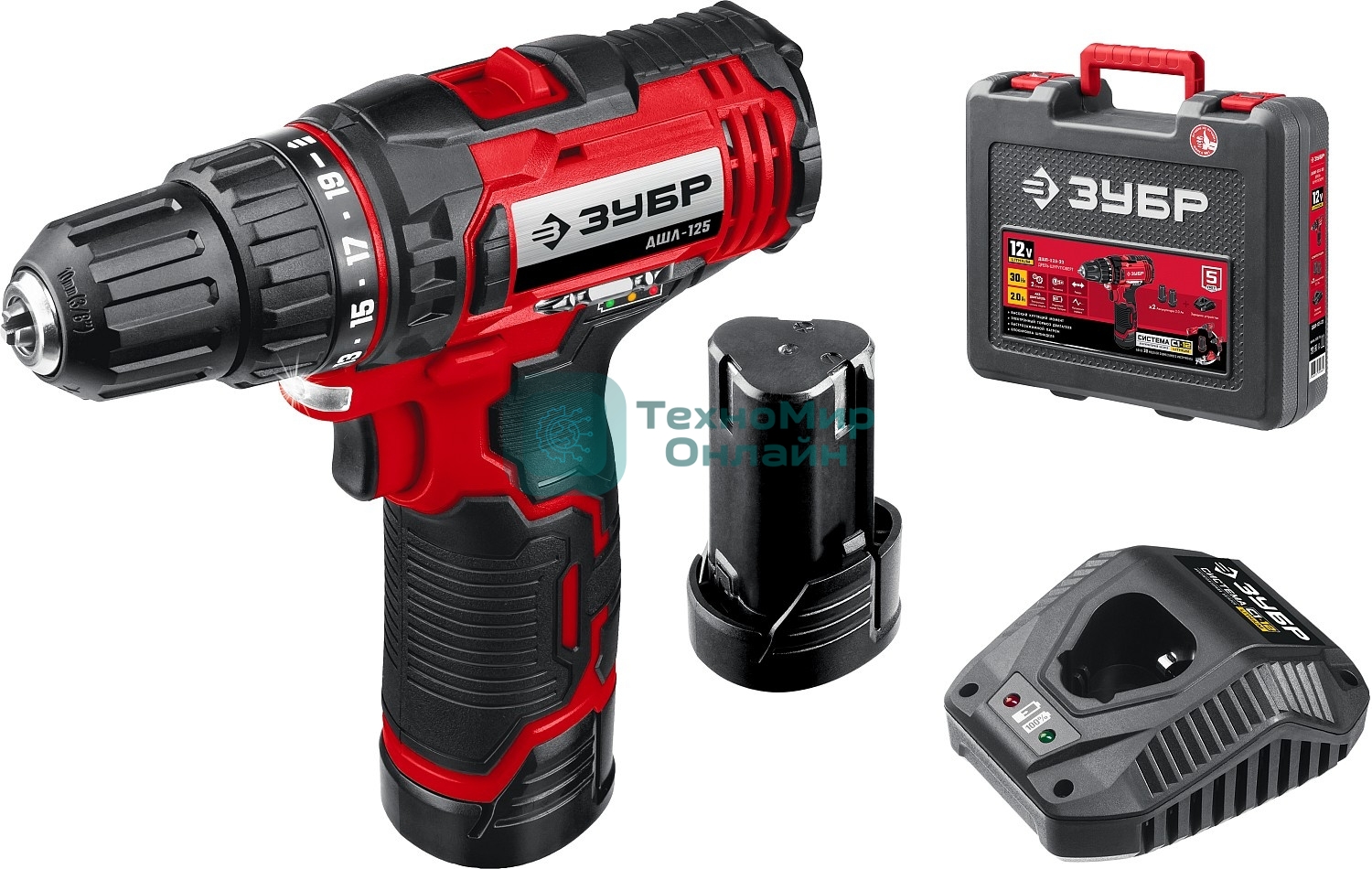 Дрель-шуруповерт Зубр ДШЛ-125-22, 12 В, 2 Ач, 30 Нм, щеточный