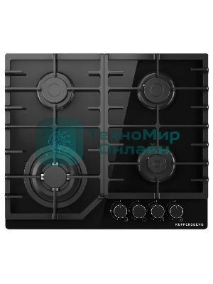 Варочная панель Kuppersberg FG 66 B газ, High-Tech, 59 см, автоматический электроподжиг, газ-контроль, форсунки под сжиженый газ, SABAF конфорки, чугунные решетки, цвет черный, цвет фурнитуры черный