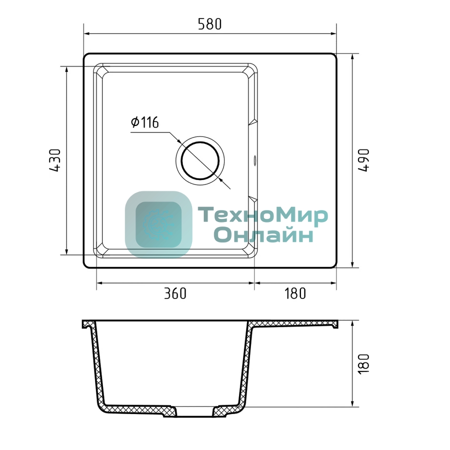 Мойка GRANFEST URBAN 658L 1-чаша+крыло 580x490мм, монтаж: врезной, материал: кварц, песочный