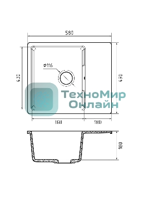 Мойка GRANFEST URBAN 658L 1-чаша+крыло 580x490мм, монтаж: врезной, материал: кварц, песочный