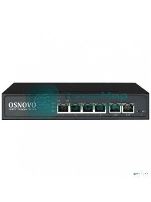 Коммутатор Osnovo SW-20600(80W) PoE коммутатор 6 портов, 4 PoE порта 10/100 Base-T, 2*10/100 Base-T Uplink, до 30W на порт, суммарно до 80W