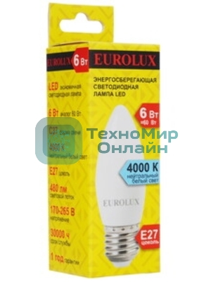Лампа светодиодная EUROLUX LL-E-C37-6W-230-4K-E27 свеча