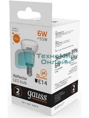Лампа светодиодная Gauss Elementary 63116 6Вт цок.: E14 рефлек. 220B 3000K св. свеч. бел. теп. (упак.: 10 шт)