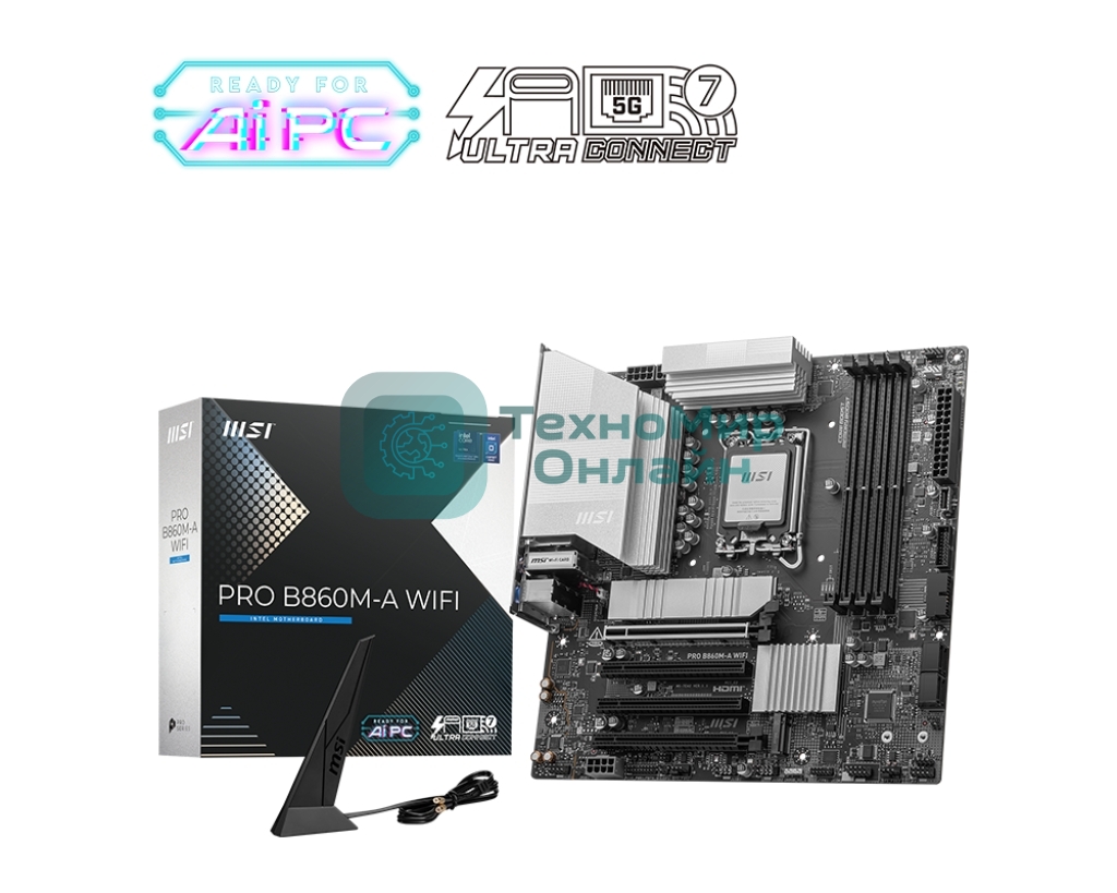 Материнская плата MSI PRO B860M-A WIFI, LGA 1851, Intel B860, 4xDDR5, 4xSATA, 3xM.2, 1xPCIe 5.0 x16, 1xPCIe 4.0 x16, 1xPCIe 4.0 x16, 1xHDMI, 1xDP, 1xUSB-C, 1x 5Gb LAN, 4xUSB-A 3.2 Gen 2, 2xUSB-A 2.0, 7.1, 1x3.5 мм, 1xUSB 3.2 Gen 2 Type-C, Wi-Fi 6, mATX
