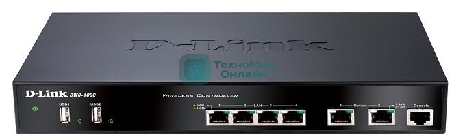 Коммутатор D-Link DWC-1000/C1A, Wireless Controller 2 10/100/1000 BASE-T Gigabit Ethernet Option Ports, 4 10/100/1000 BASE-TGigabit Ethernet LAN Ports 2 USB 2.0 Ports, 1 RJ-45 External Console port Compatible