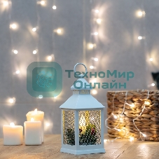 Декоративный фонарь со свечкой, белый корпус, размер 10.5х10.5х24 см, цвет ТЕПЛЫЙ БЕЛЫЙ