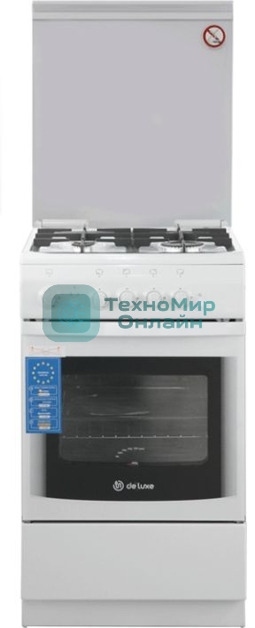 Плита Газовая De Luxe 506040.14г (кр) ЧР белый (стеклянная крышка) реш.чугун