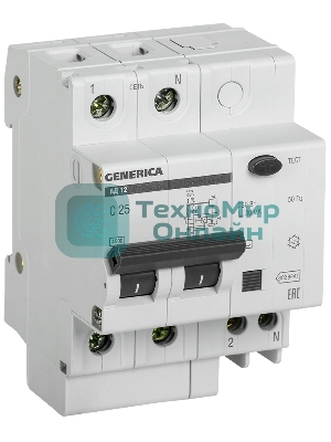 Выключатель автоматический дифференциального тока 2п 25А 30мА АД12 GENERICA IEK MAD15-2-025-C-030