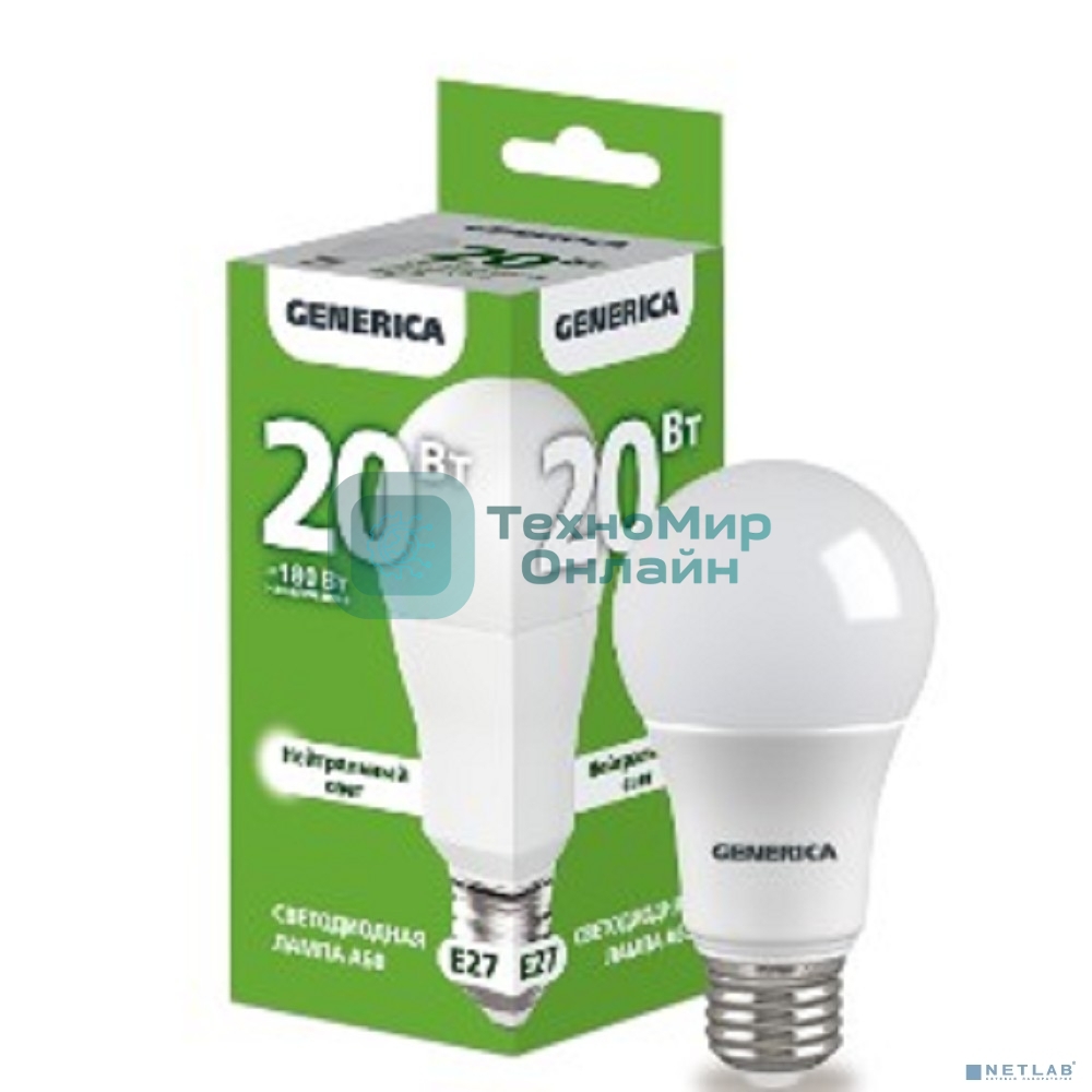 Лампа светодиодная A60 груша 20Вт 230В 4000К E27 GENERICA
