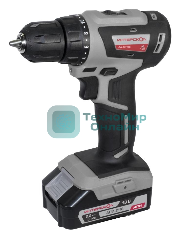 Дрель-шуруповерт ИНТЕРСКОЛ ДА-10/18В, 18 В, 2 Ач, 42 Нм, бесщеточный