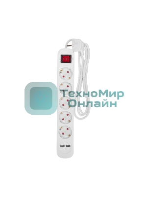 Удлинитель STANDARD 5 гнезд, 1,5м, 3х1,0мм², с/з, с выключателем, 2 USB, белый Rexant