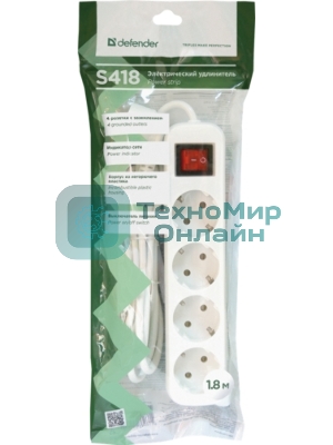 Удлинитель Defender S418 белый 1.8 м, 4 розетки 