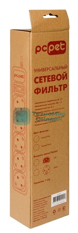 Сетевой фильтр PC Pet AP01006-E-GR 1.8м, 5 розеток, серый