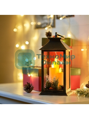 Декоративный фонарь Neon-night со свечкой и шишкой, бронзовый корпус, размер 14x14x27 см, цвет теплый белый