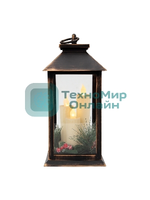 Декоративный фонарь Neon-night со свечкой и шишкой, бронзовый корпус, размер 14x14x27 см, цвет теплый белый