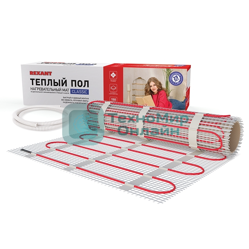 Теплый пол (нагревательный мат) Rexant Classic RNX -2,0-300 (площадь 2,0 м2 (0,5 х 4,0 м)),300 Вт, двухжильный с экраном