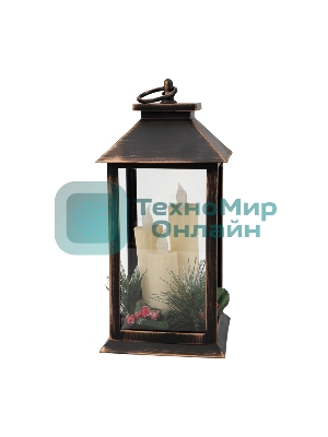 Декоративный фонарь Neon-night со свечкой и шишкой, бронзовый корпус, размер 14x14x27 см, цвет теплый белый