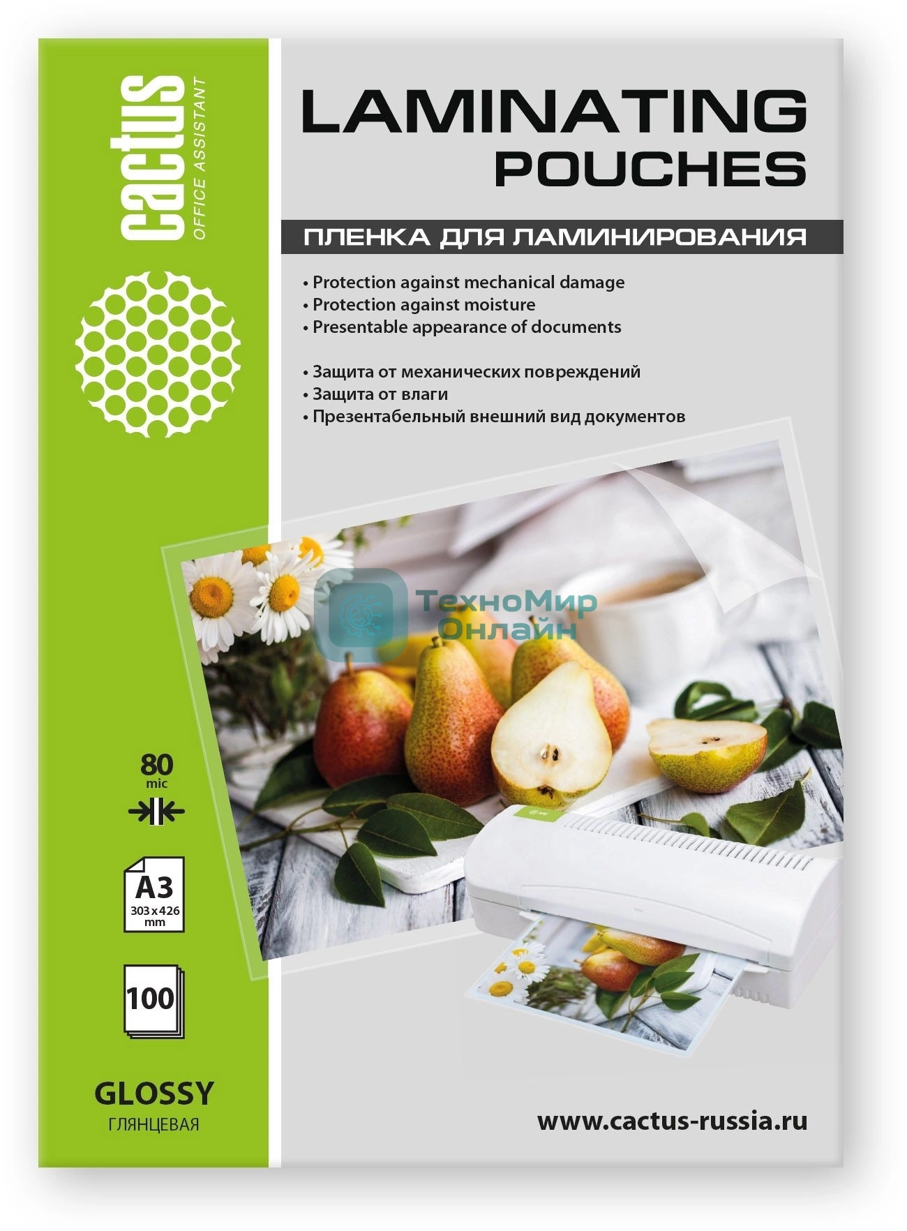 Пленка для ламинирования Cactus 80мкм A3 (100шт) глянцевая 303x426мм CS-LPGА380100