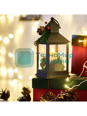 Декоративный фонарь Neon-night со свечкой и шишкой, черный корпус, размер 10,7x10,7x23,5 см, цвет теплый белый
