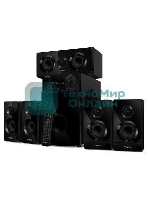 Аудиоколонки SVEN HT-210, черный, акустическая система 5.1, мощность (RMS):50Вт+5x15Вт, Bluetooth, Optical, Coaxial, FM-тюнер, USB/SD, дисплей, ПДУ