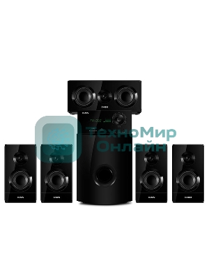 Аудиоколонки SVEN HT-210, черный, акустическая система 5.1, мощность (RMS):50Вт+5x15Вт, Bluetooth, Optical, Coaxial, FM-тюнер, USB/SD, дисплей, ПДУ