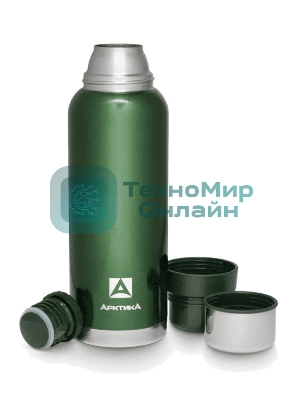 Термос Арктика 106-1200 зеленый, узкое горло 1,2 л, американский дизайн, антивандальное покрытие, две чашки, холод/тепло 32 ч