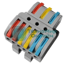 Клемма СМК Rexant 3х2D проходная разветвительная 3 полюса на DIN-рейку (0,08-4 мм²) (1 ввод, 2 вывода на полюс) серый (20 шт/уп)