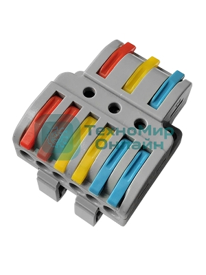 Клемма СМК Rexant 3х2D проходная разветвительная 3 полюса на DIN-рейку (0,08-4 мм²) (1 ввод, 2 вывода на полюс) серый (20 шт/уп)