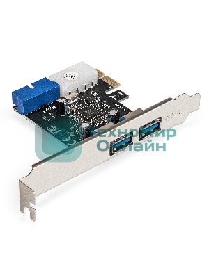 Контроллер ExeGate EXE-342 (PCI-E x1 v2.0, 2хUSB 3.0 ext.+ 1х19pin int. (внутренние коннекторы для подключения 2хUSB 3.0 портов на корпусе), разъем доп.питания, VIA Labs Chipset VL805)