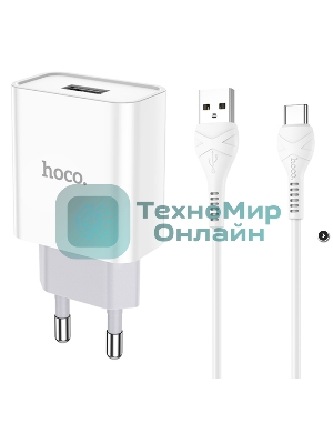 Блок питания (сетевой адаптер) HOCO C81A Asombroso single 1xUSB с кабелем Type-C, 2.1A, 10W, белый