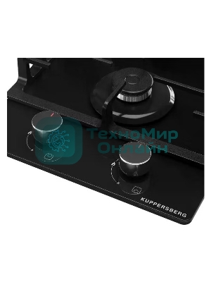 Газовая варочная панель Kuppersberg FG 36 B газ, High-Tech, 30 см, автоматический электроподжиг, газ-контроль, форсунки под сжиженый газ, SABAF конфорки, чугунные решетки, цвет черный, цвет фурнитуры черный