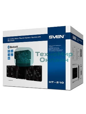 Аудиоколонки SVEN HT-210, черный, акустическая система 5.1, мощность (RMS):50Вт+5x15Вт, Bluetooth, Optical, Coaxial, FM-тюнер, USB/SD, дисплей, ПДУ