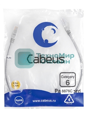 Шнур комм. Cabeus, кат. 6, неэкр., U/UTP, RJ45/RJ45, LSZH, AWG24, 0.5м, серый