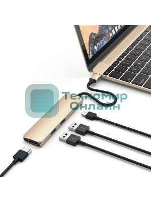 USB-концентратор Satechi Slim Aluminum Type-C Multi-Port Adapter with Type-C Charging Port. Интерфейс USB-C. Порты USB Type-C, 2хUSB 3.0, 4K HDMI. золотой.