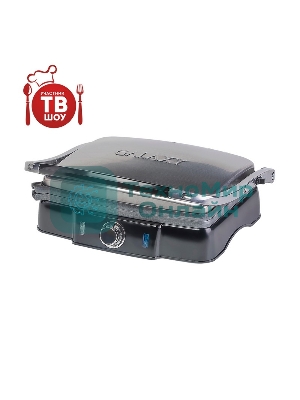 Гриль электрический Galaxy Line GL 2961, черный с серебристым, механическое управление, 2200 Вт, мраморное керамическое покрытие рабочей поверхности, корпус из нержавеющей стали, индикаторы сети и нагрева, регулятор температуры, лопатка и емкости для сбора жидкости