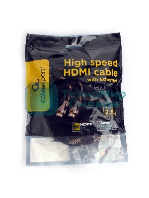 Кабель Cablexpert HDMI CCP-HDMI8К-2.5M, 19M/19M, v2.1, 8К, медь, позол.разъемы, экран, оплетка, 2.5м, черный, пакет