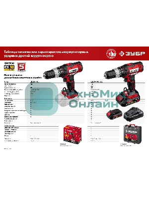 Дрель-шуруповерт Зубр ДШУ-185-22, 18 В, 2 Ач, 40 Нм, щеточный, ударный