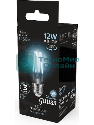 Лампа cветодиодная Gauss Filament А60 12W 1250lm 4100К Е27 LED 1/10/40