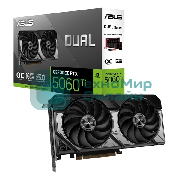 Видеокарта ASUS GeForce RTX 5060 Ti Dual OC , NVIDIA RTX 5060 Ti, 16 ГБ GDDR7, 128 бит, PCI-e 5.0, 1xHDMI, 3xDP, 2632 МГц