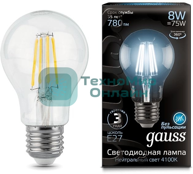 Лампа светодиодная Filament A60 E27 8Вт 4100К GAUSS 102802208