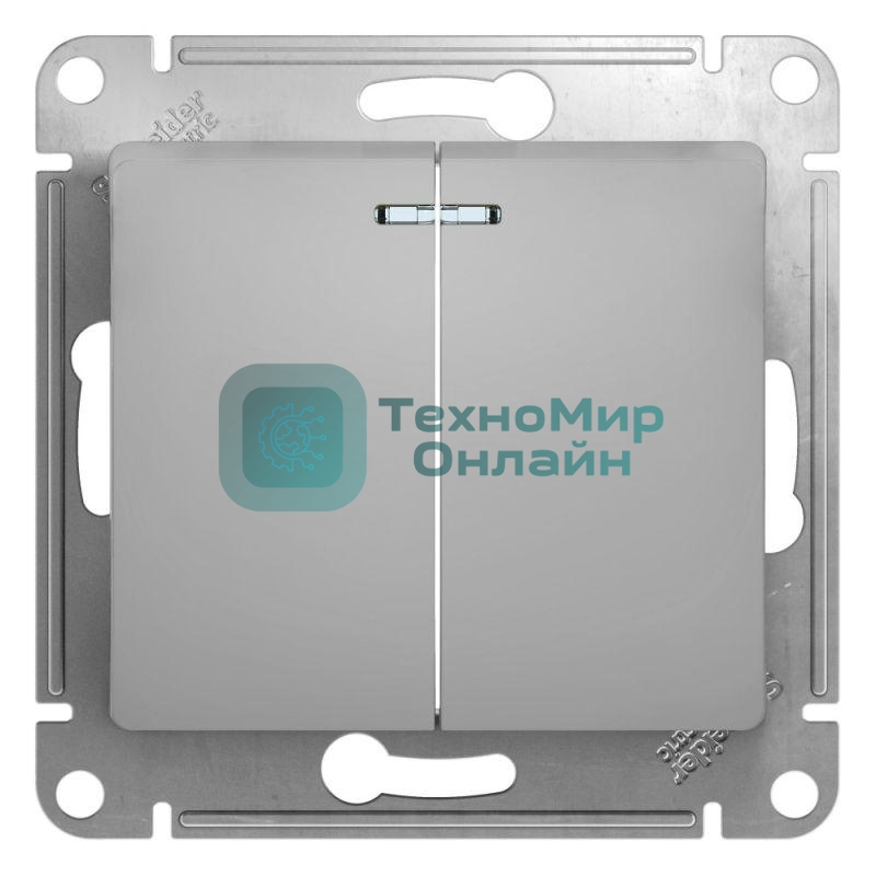 Выключатель 2-клавишный с подсветкой, сх.5а, 10АХ, механизм, алюминий