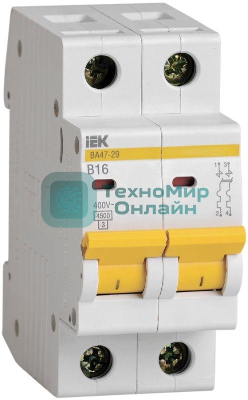Выключатель автоматический модульный 2п B 16А 4.5кА ВА47-29 IEK MVA20-2-016-B