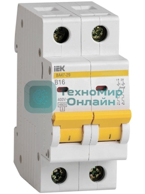 Выключатель автоматический модульный 2п B 16А 4.5кА ВА47-29 IEK MVA20-2-016-B