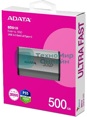 Внешний SSD ADATA SD810, 500 Gb, USB 3.2 Gen 2x2 Type-C, R/W 2000/2000, серебристый