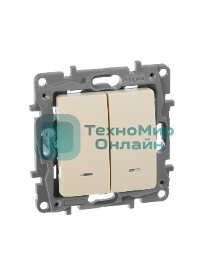 Выключатель 2-клавишный с подсветкой, на винтах, 10АХ, сл. кость