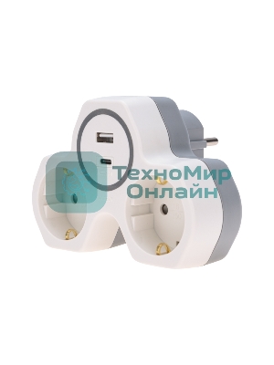 Двойник Rexant электрический (разветвитель) 16А с/з + USB-A + USB-C с защитными шторками, белый