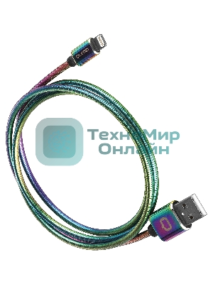 Кабель Qumo, MFI С48, USB-Apple 8 pin, 1м, 5В, 2,4A, 12Вт, опл. металл. пружинка, кон. металл, rainbow
