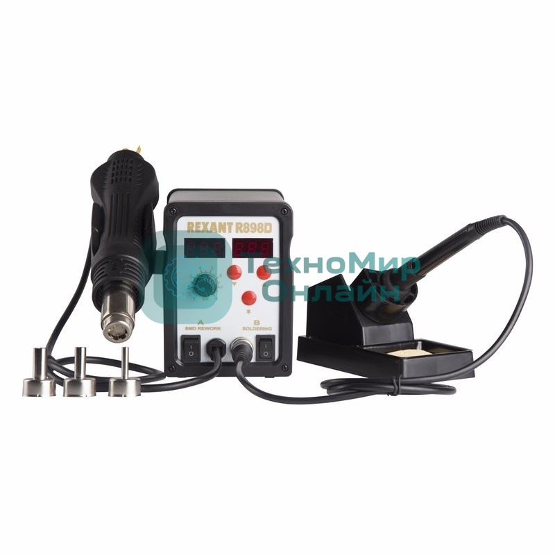 Паяльная станция Rexant, 2 в1: паяльник + термофен, с цифровым дисплеем, 150-500 °С