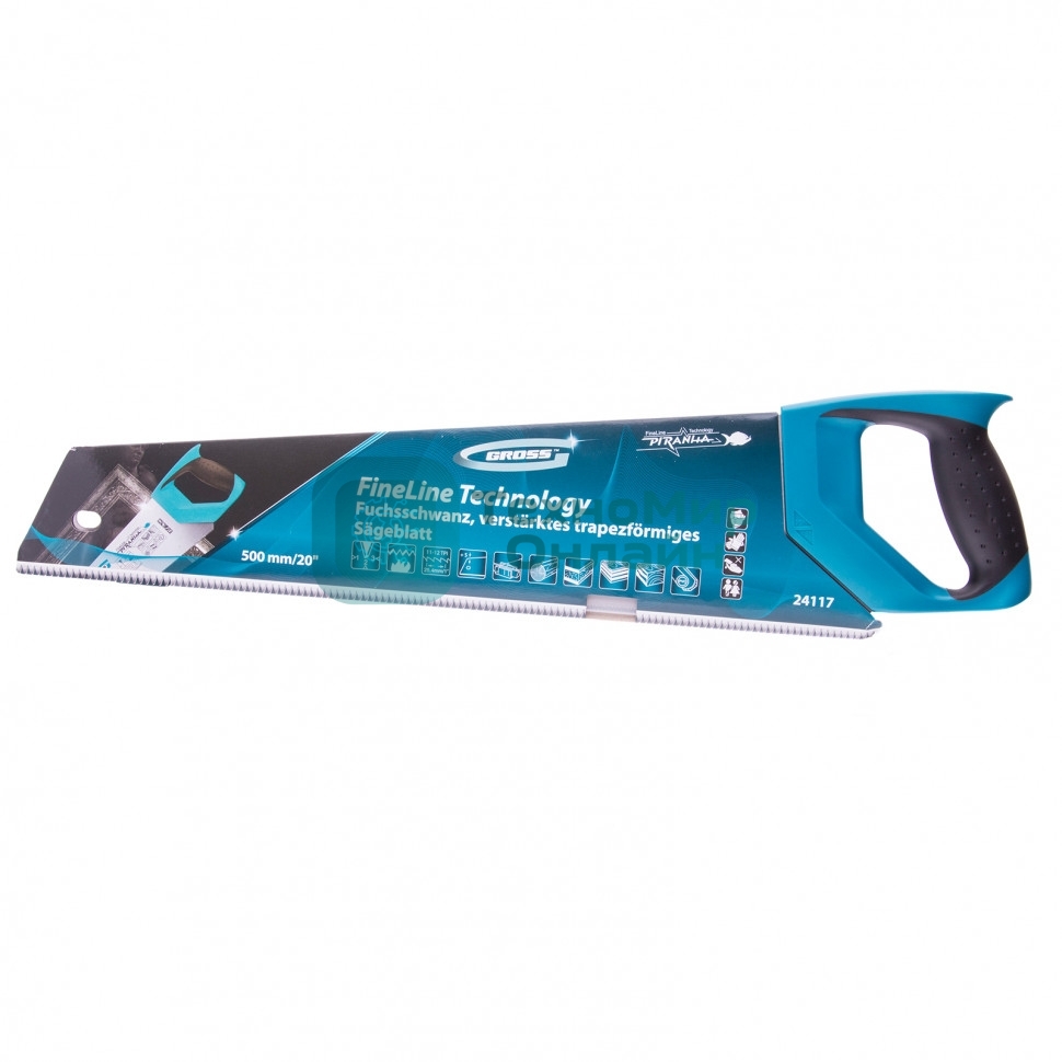 Ножовка по дереву Gross PIRANHA, усил.трапецев.полотно,500 мм,11-12TPI,зуб3D,кален.зуб,2-комп.рук.